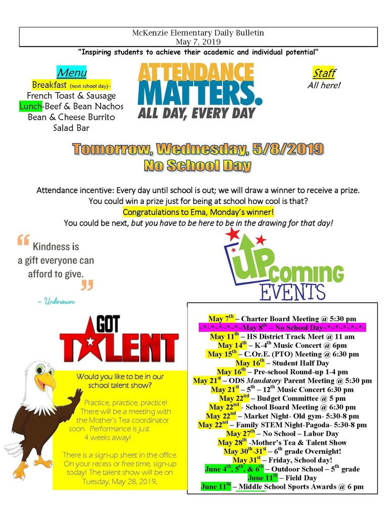 McKenzie Elementary Daily Bulletin May 7, 2019
