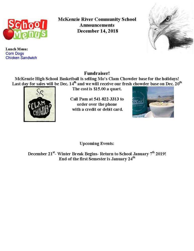 McKenzie River Community School Announcements December 14, 2018