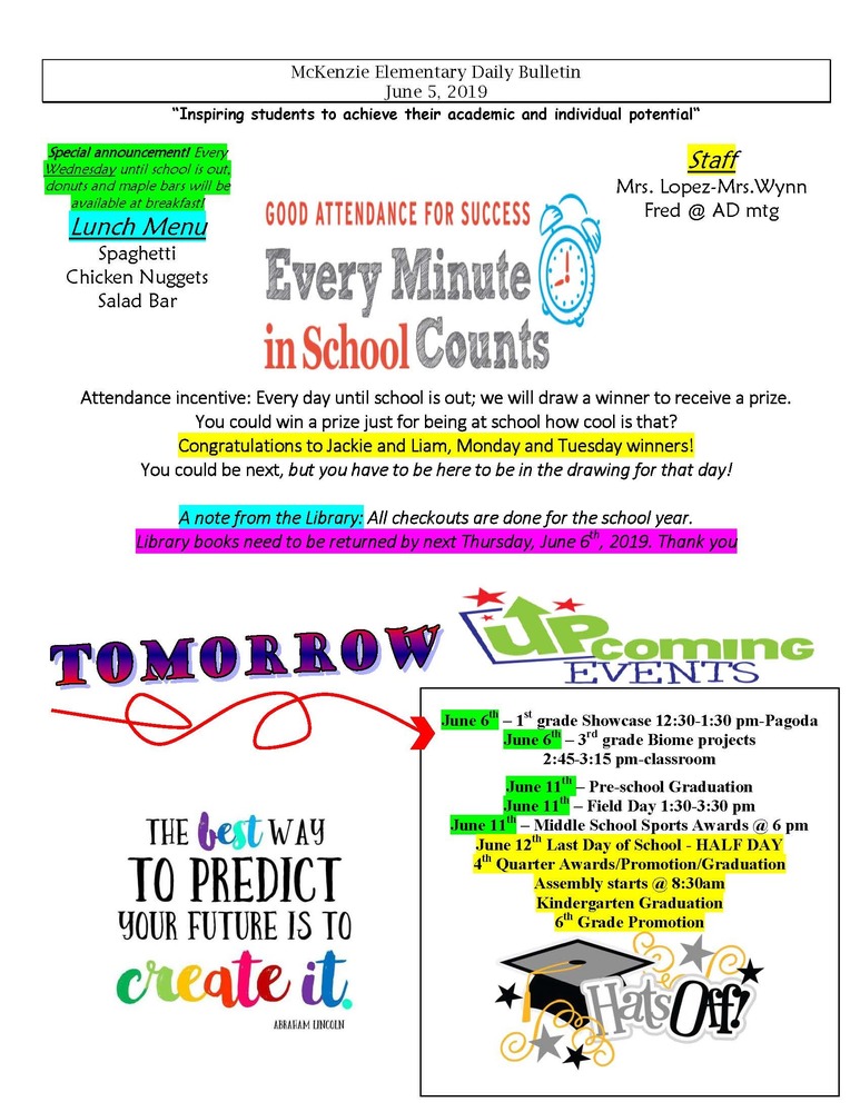 McKenzie Elementary Daily Bulletin June 5, 2019