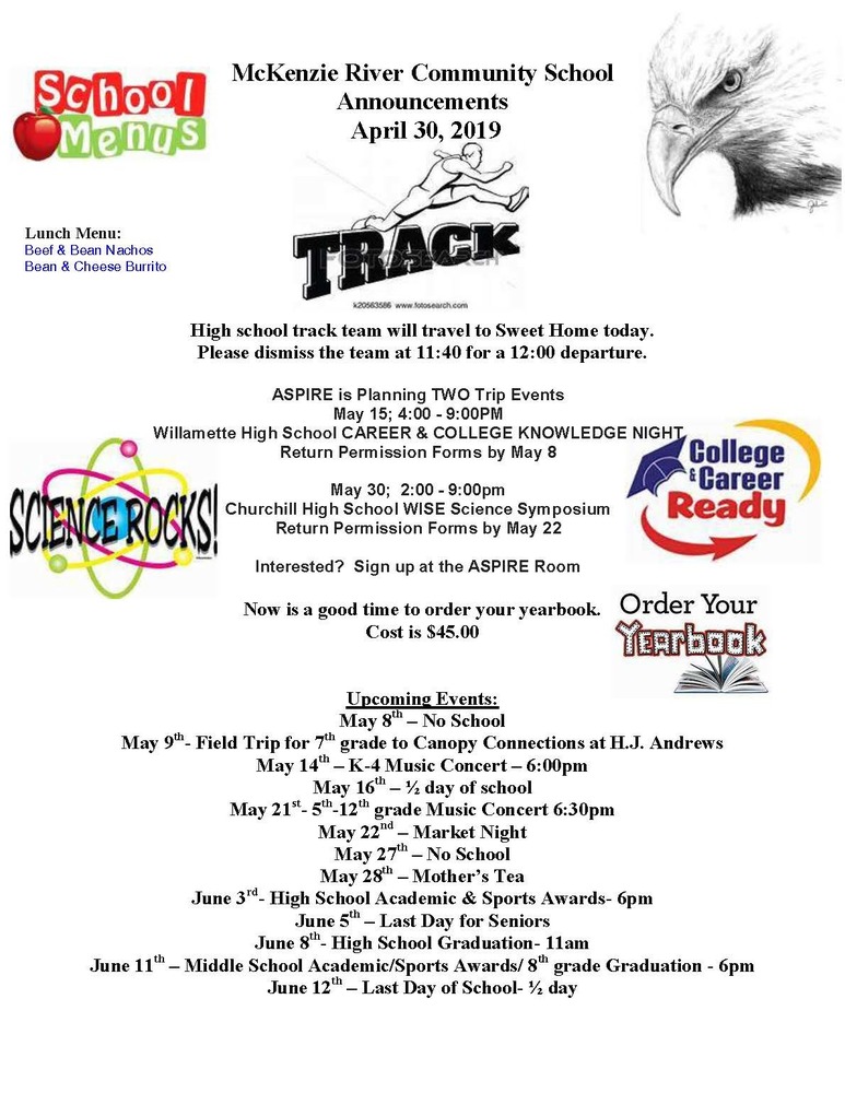 McKenzie River Community School Announcements April 30, 2019