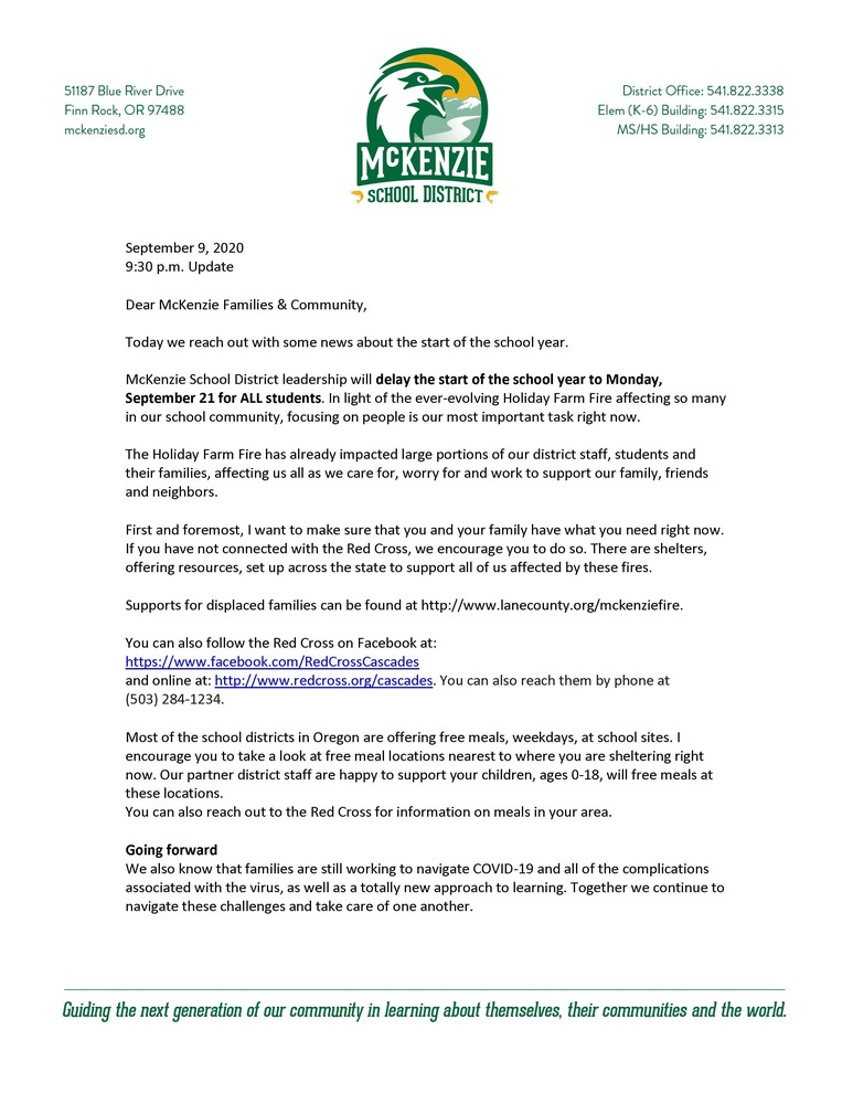 First page of letter to families and community delayed start of 2020-21 school year due to Holiday Farm Fire