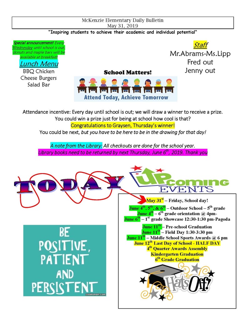 McKenzie Elementary Daily Bulletin May 31, 2019
