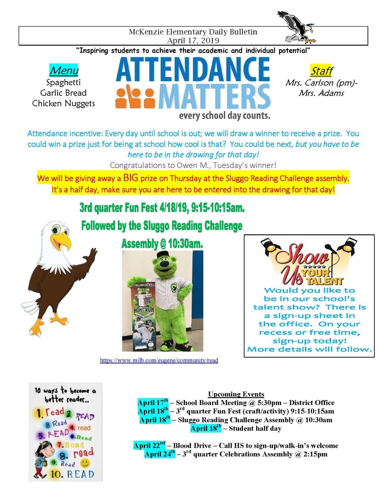 McKenzie Elementary Daily Bulletin April 17, 2019