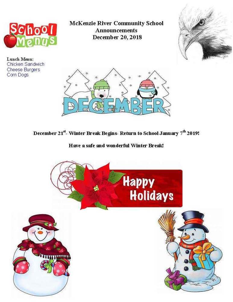 McKenzie River Community School Announcements December 20, 2018
