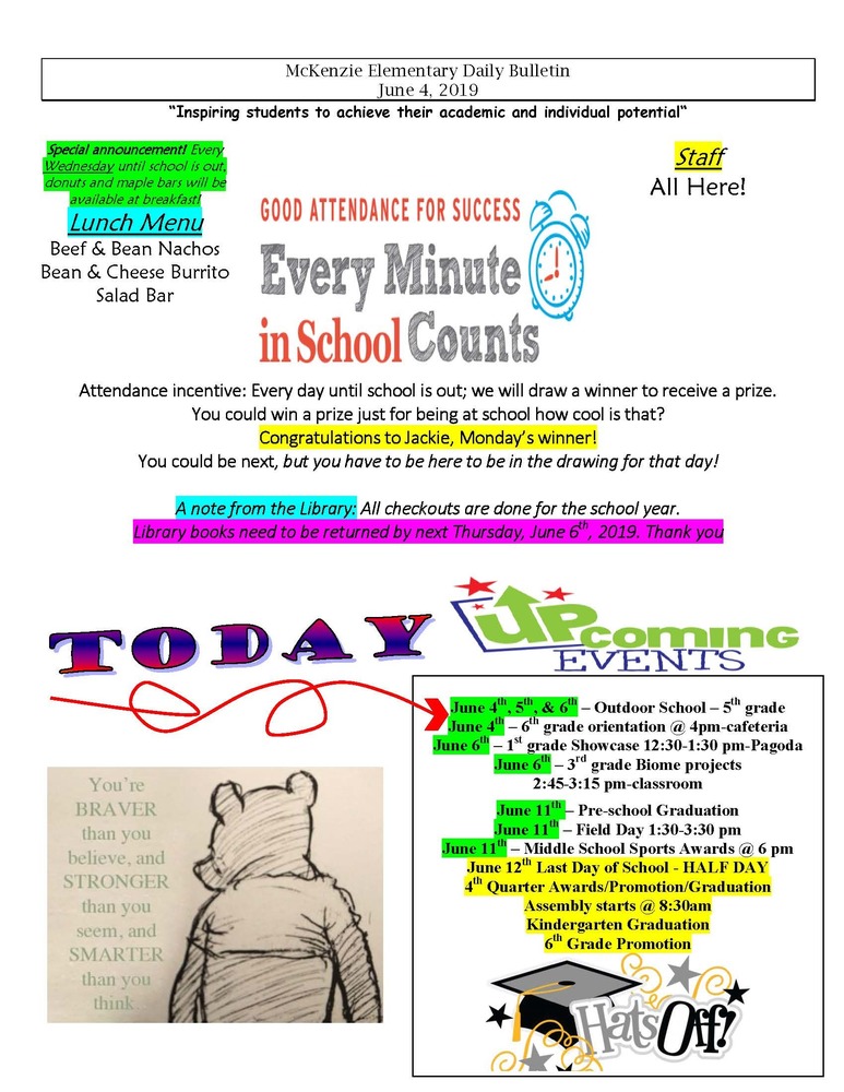 McKenzie Elementary Daily Bulletin June 4, 2019