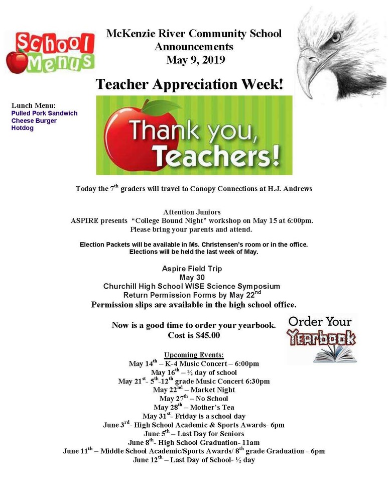McKenzie River Community School Announcements May 9, 2019