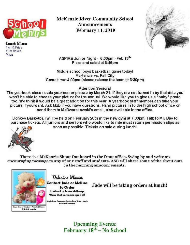 McKenzie River Community School Announcements February 11, 2019