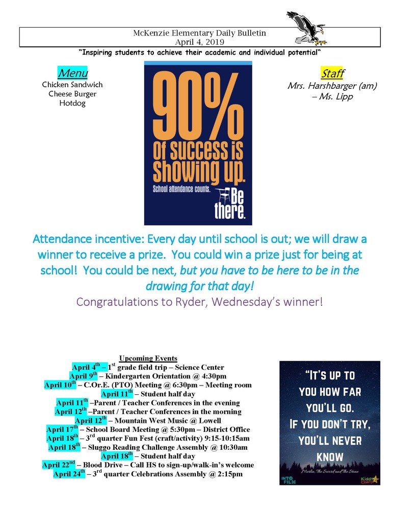 McKenzie Elementary Daily Bulletin April 4, 2019