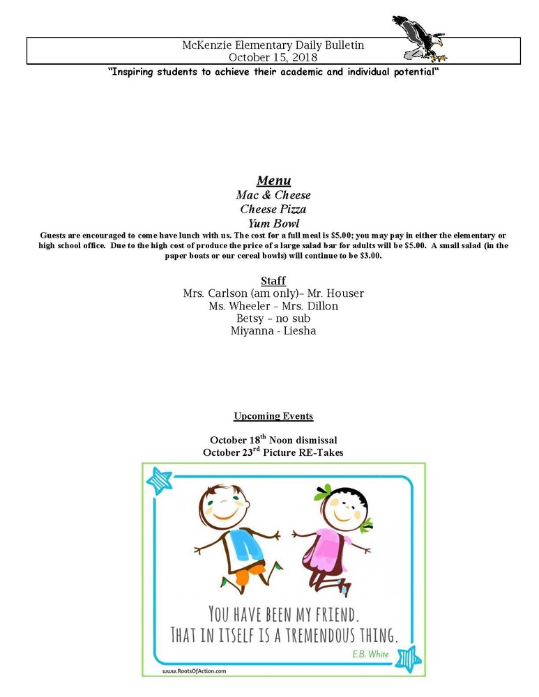 McKenzie Elementary Daily Bulletin October 15, 2018