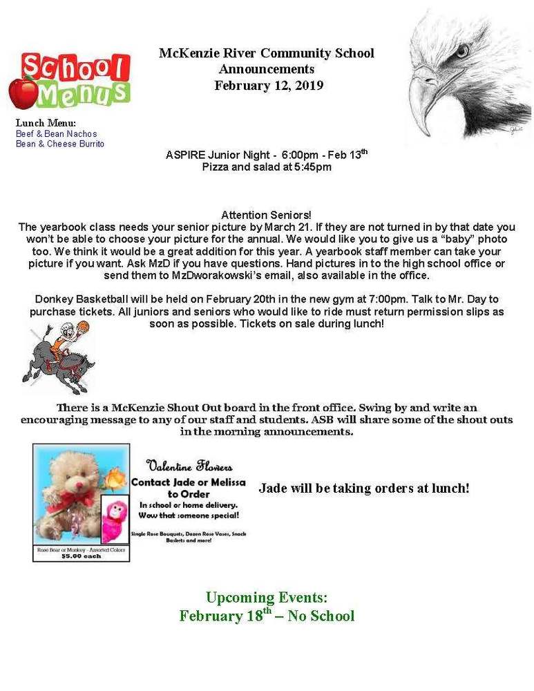 McKenzie River Community School Announcements February 12, 2019
