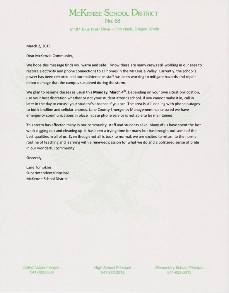 Letter from Supt. Tompkins regarding students returning to school Monday Feb 4th