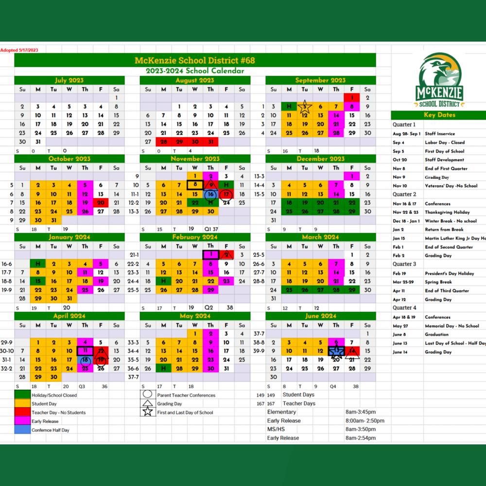 Here is the 2023-2024 School Year Calendar! Notice:  - 1/2 days on the Thursdays of Conferences and the last day of school - Early dismissal Thursdays will continue