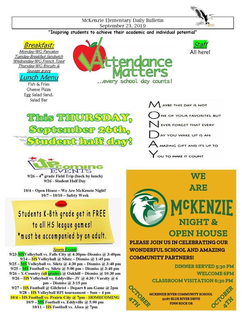 McKenzie Elementary Daily Bulletin September 23, 2019