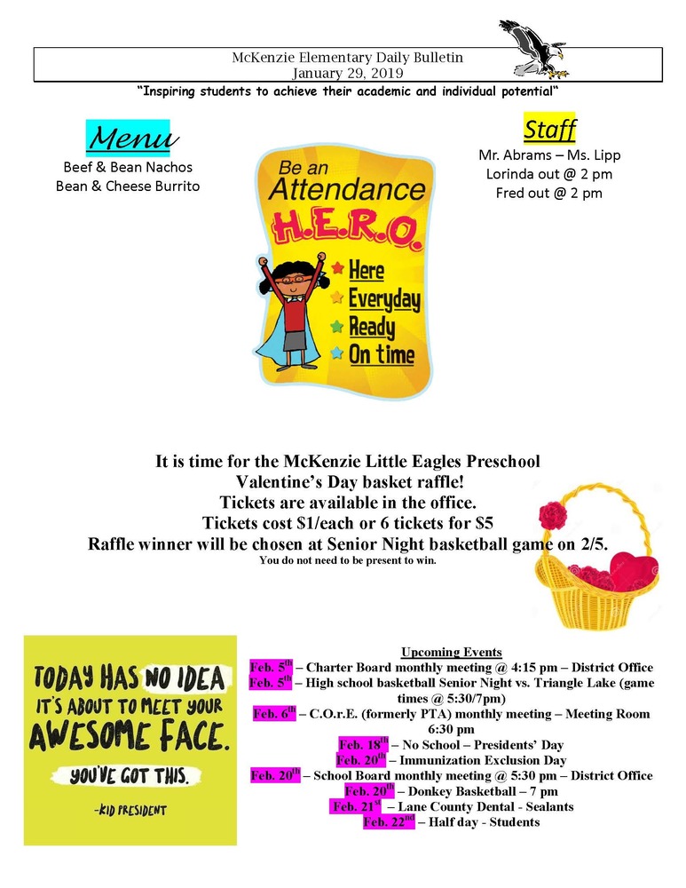 McKenzie Elementary Daily Bulletin January 29, 2019