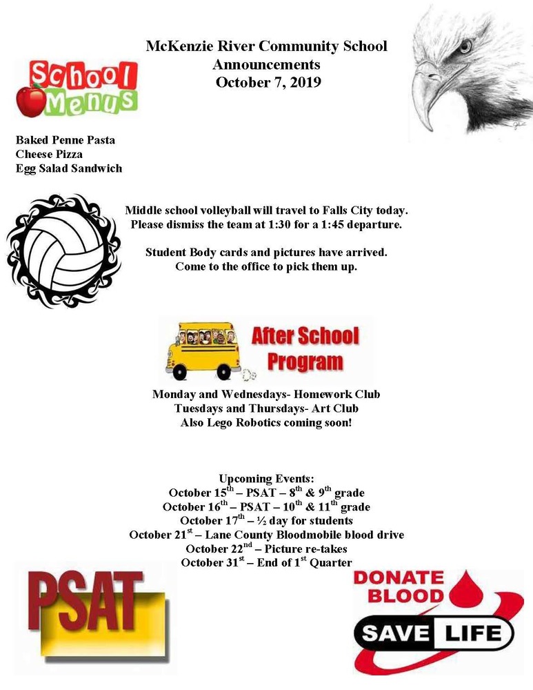 McKenzie River Community School Announcements October 7, 2019
