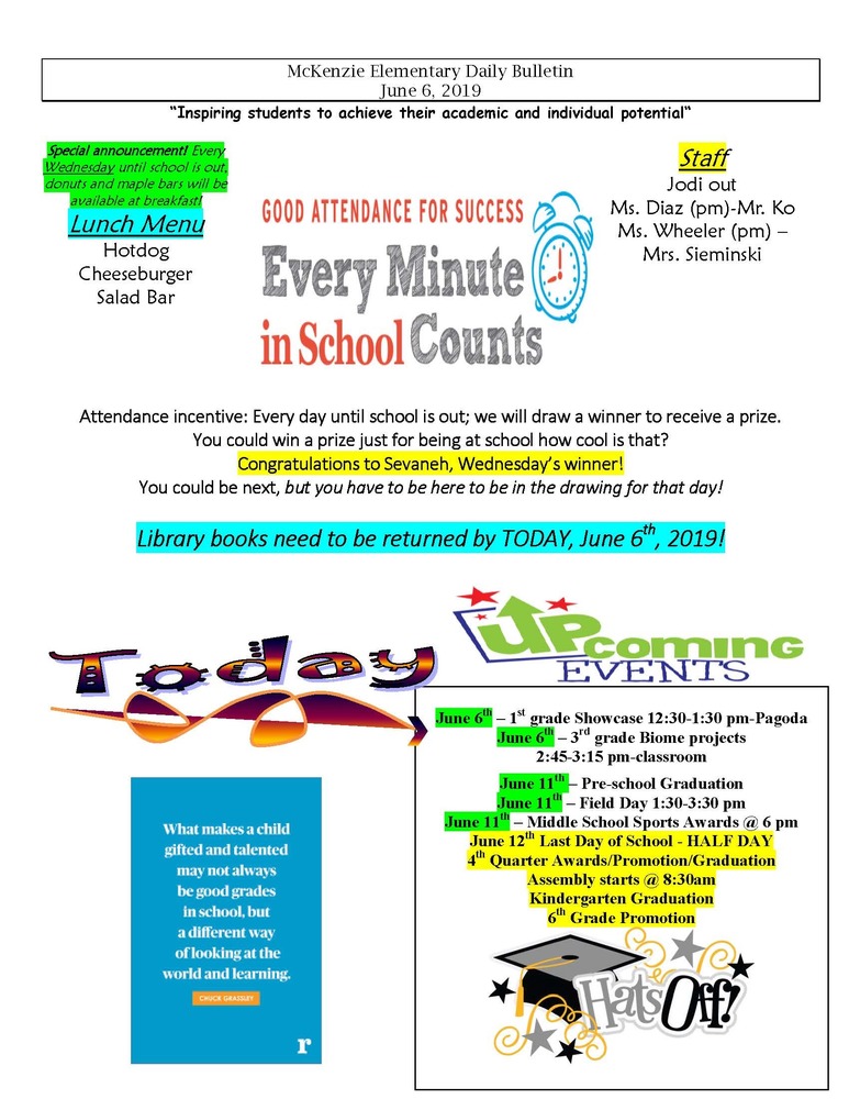McKenzie Elementary Daily Bulletin June 6, 2019