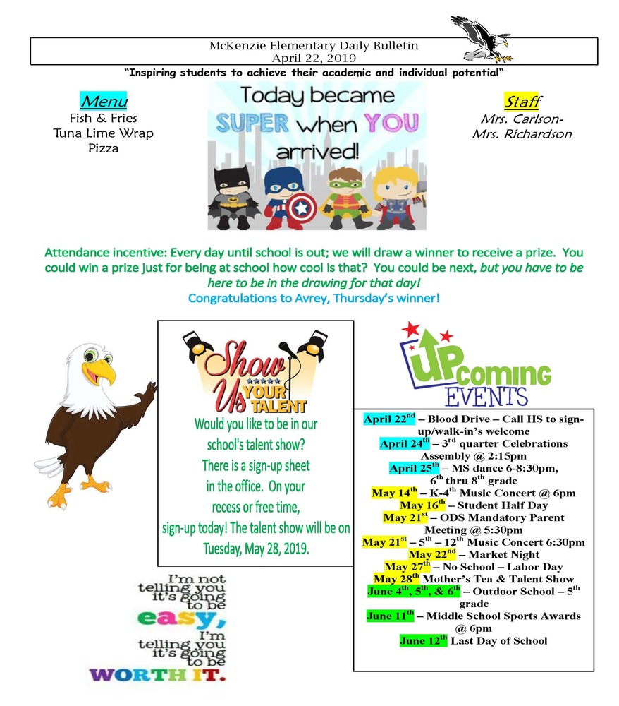 McKenzie Elementary Daily Bulletin April 22, 2019