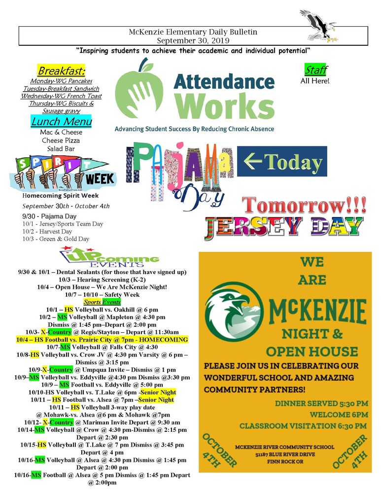 McKenzie Elementary Daily Bulletin September 30, 2019