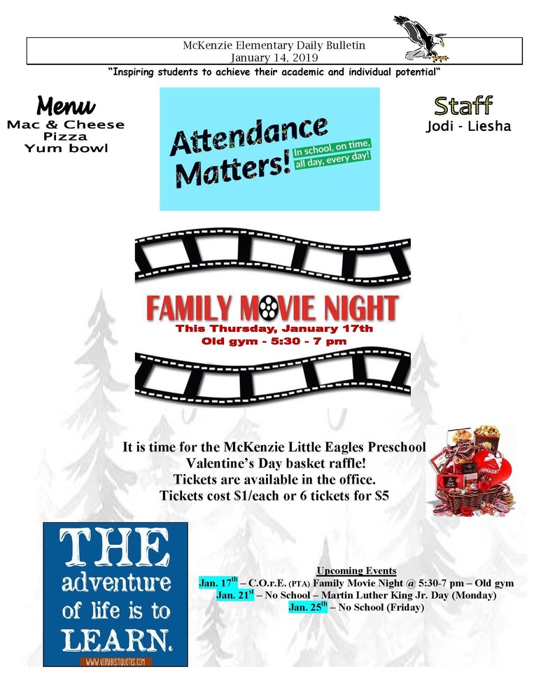McKenzie Elementary Daily Bulletin January 14, 2019