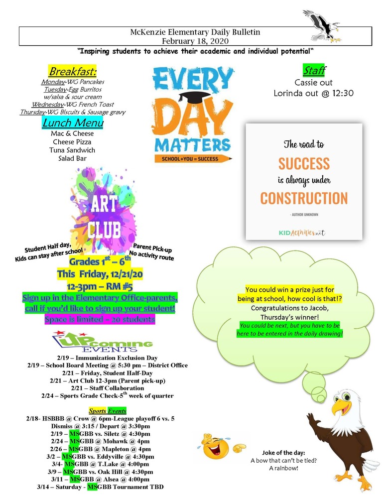 McKenzie Elementary Daily Bulletin February 18, 2020