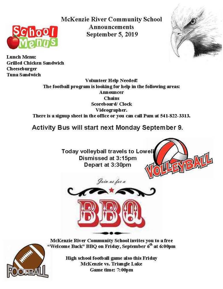 McKenzie River Community School Announcements September 5, 2019