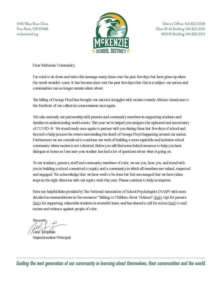Letter from Superintendent Tompkins regarding current unrest due to killing of George Floyd
