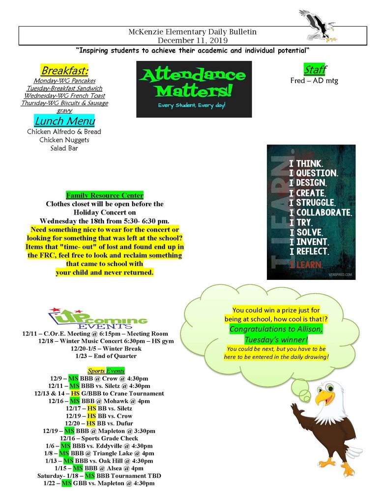 McKenzie Elementary Daily Bulletin December 11, 2019