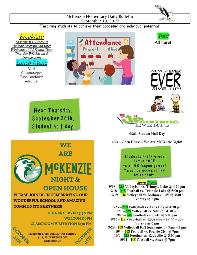McKenzie Elementary Daily Bulletin September 19, 2019