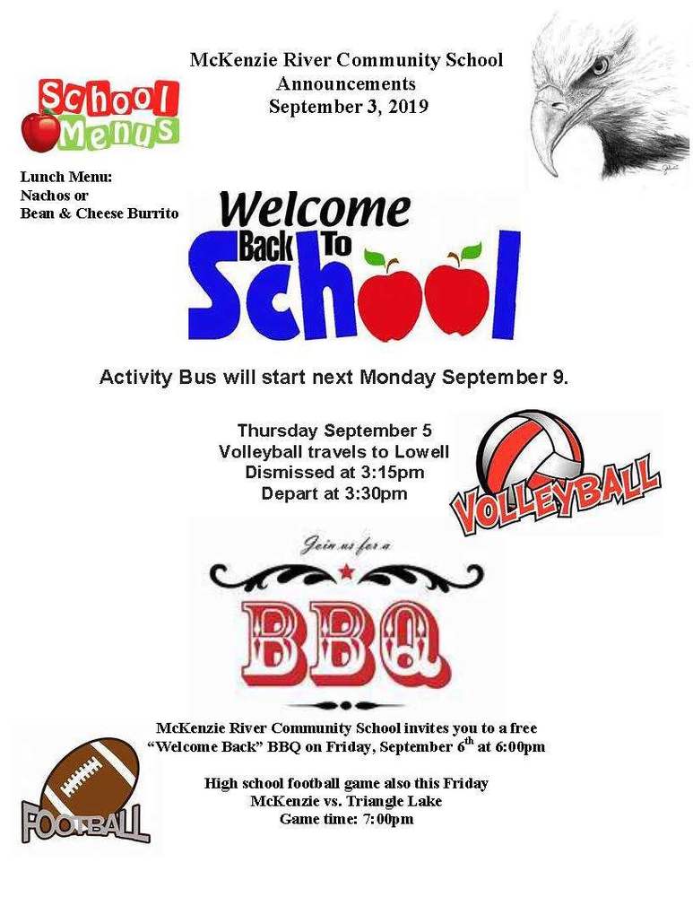 McKenzie River Community School Announcements September 3, 2019