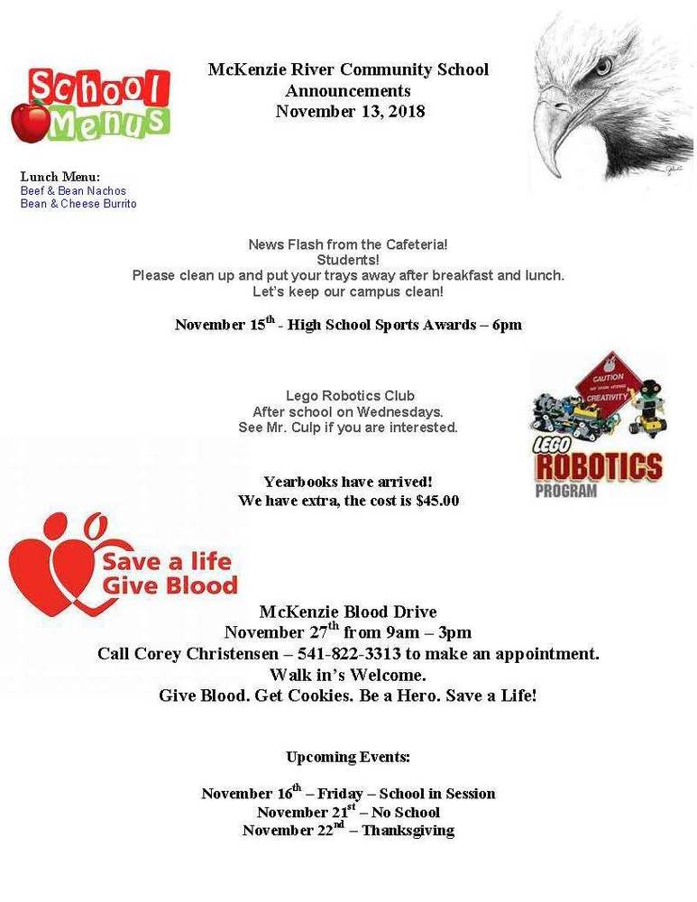 McKenzie River Community School Announcements November 13, 2018