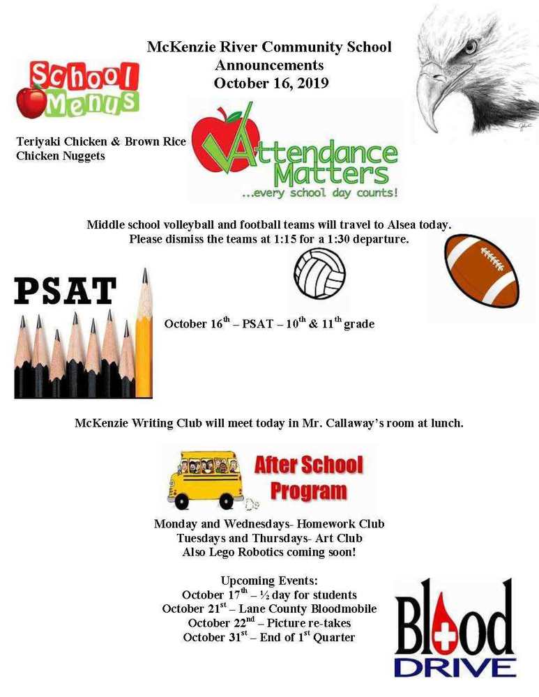 McKenzie River Community School Announcements October 16, 2019