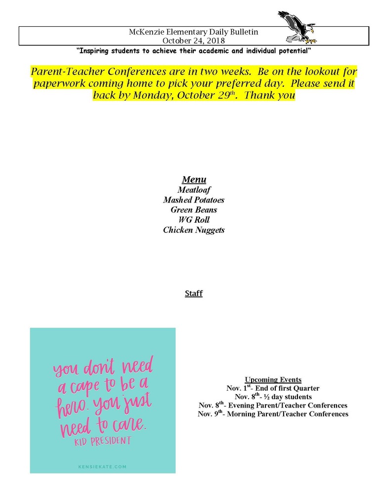 McKenzie Elementary Daily Bulletin October 24, 2018