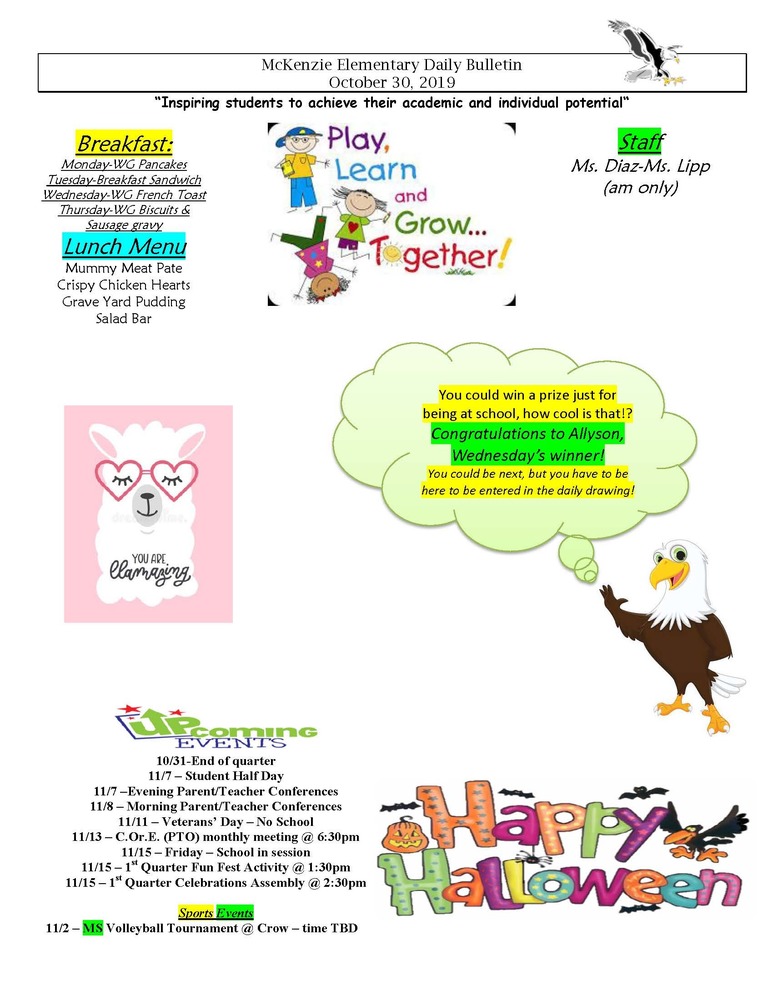 McKenzie Elementary Daily Bulletin October 30, 2019