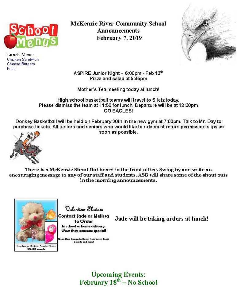 McKenzie River Community School Announcements February 7, 2019