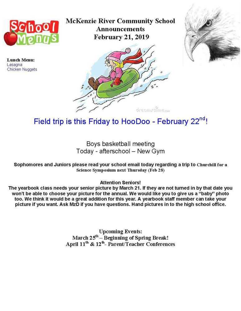 McKenzie River Community School Announcements February 21, 2019