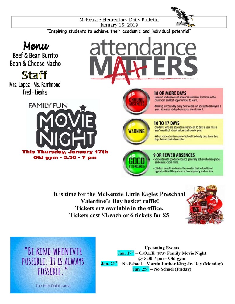 McKenzie Elementary Daily Bulletin January 15, 2019