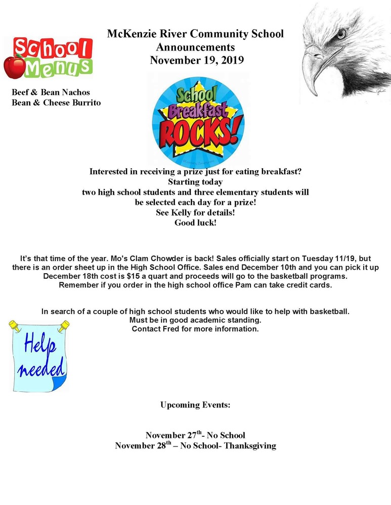 McKenzie River Community School Announcements November 19, 2019