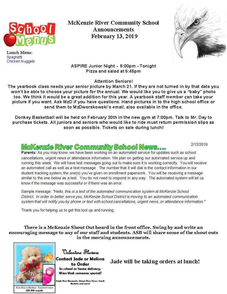 McKenzie River Community School Announcements February 13, 2019