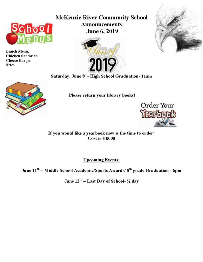 McKenzie River Community School Announcements June 6, 2019