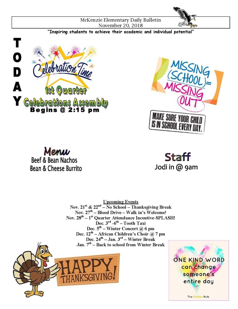 McKenzie Elementary Daily Bulletin November 20, 2018