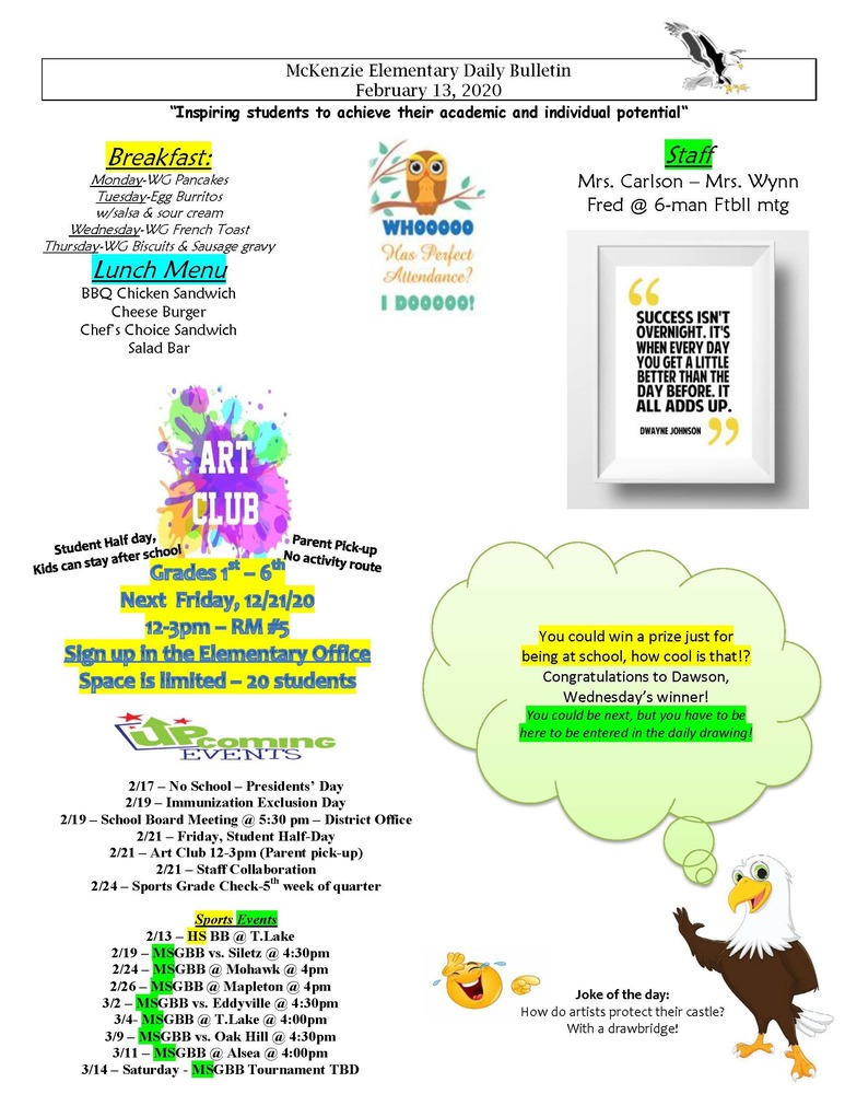 McKenzie Elementary Daily Bulletin February 13, 2020