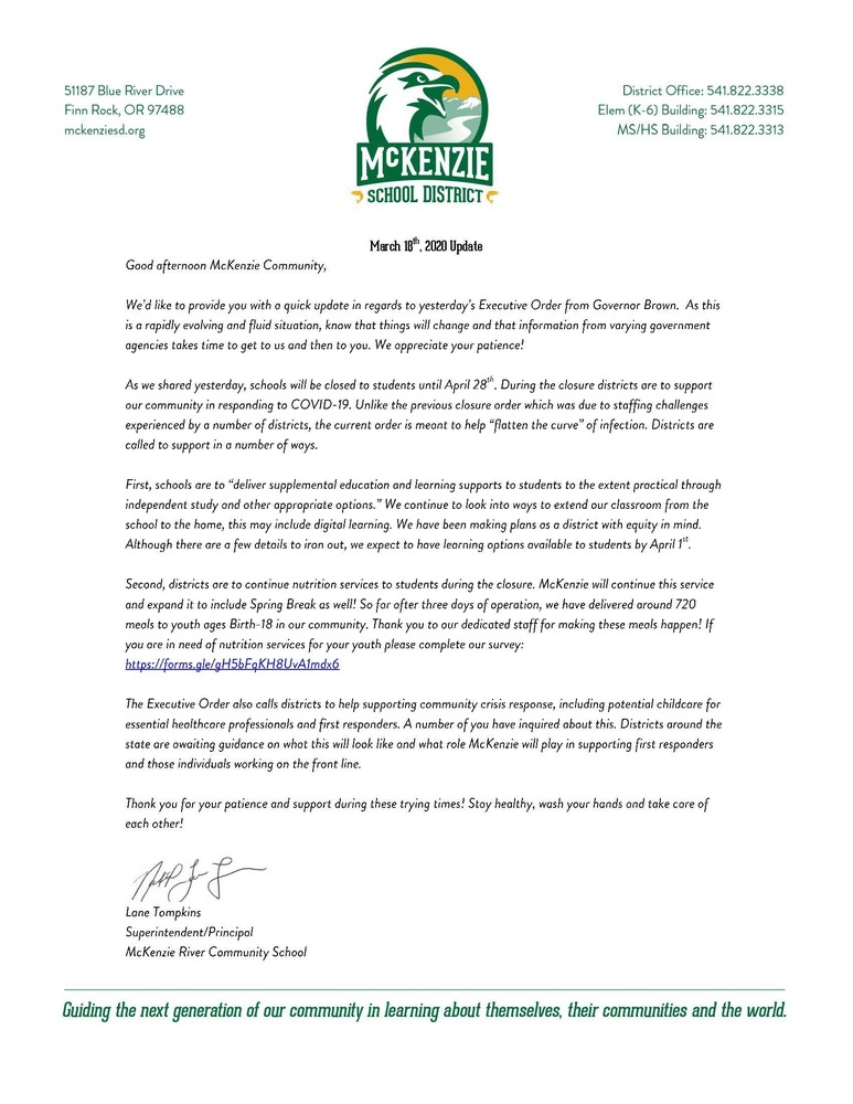 Image of March 18th Closure Update Letter from Superintendent Tompkins