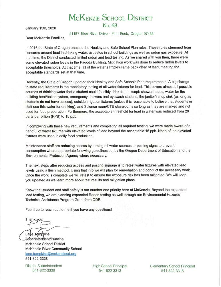 Image of a letter to the community about lead testing in school water fixtures.