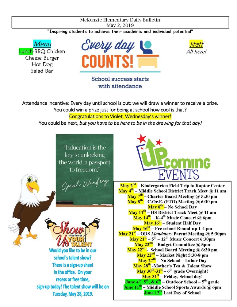 McKenzie Elementary Daily Bulletin May 2, 2019