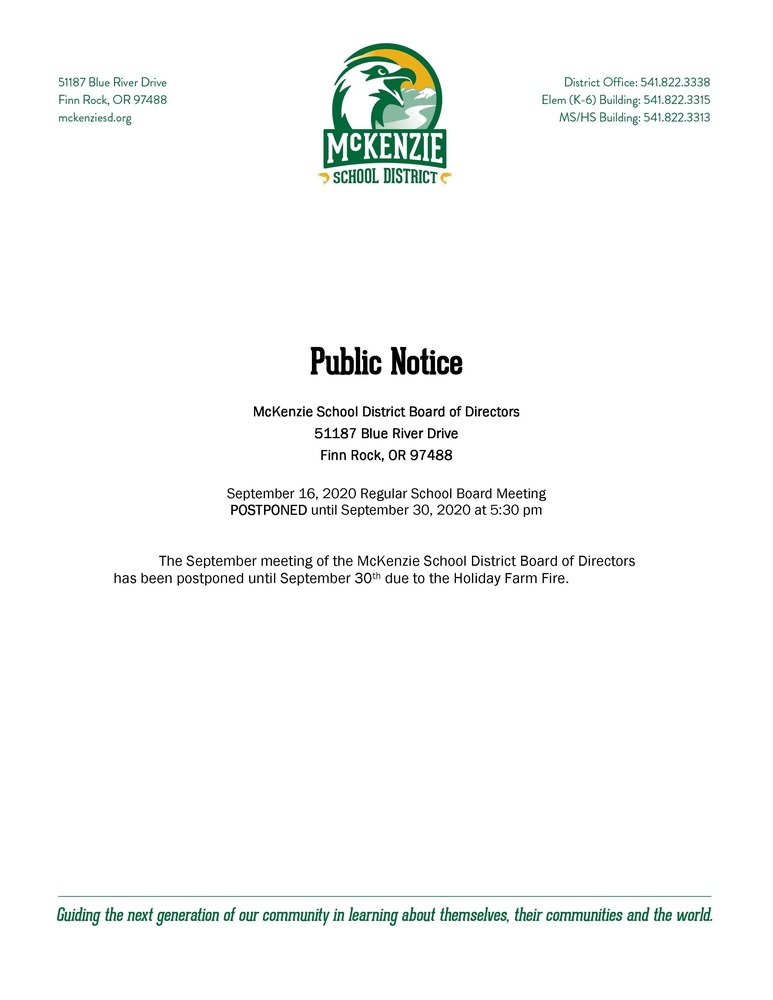 McKenzie School District Board of Directors September Meeting Postponed due to Holiday Farm Fire