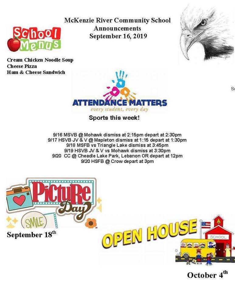 McKenzie River Community School Announcements September 16, 2019