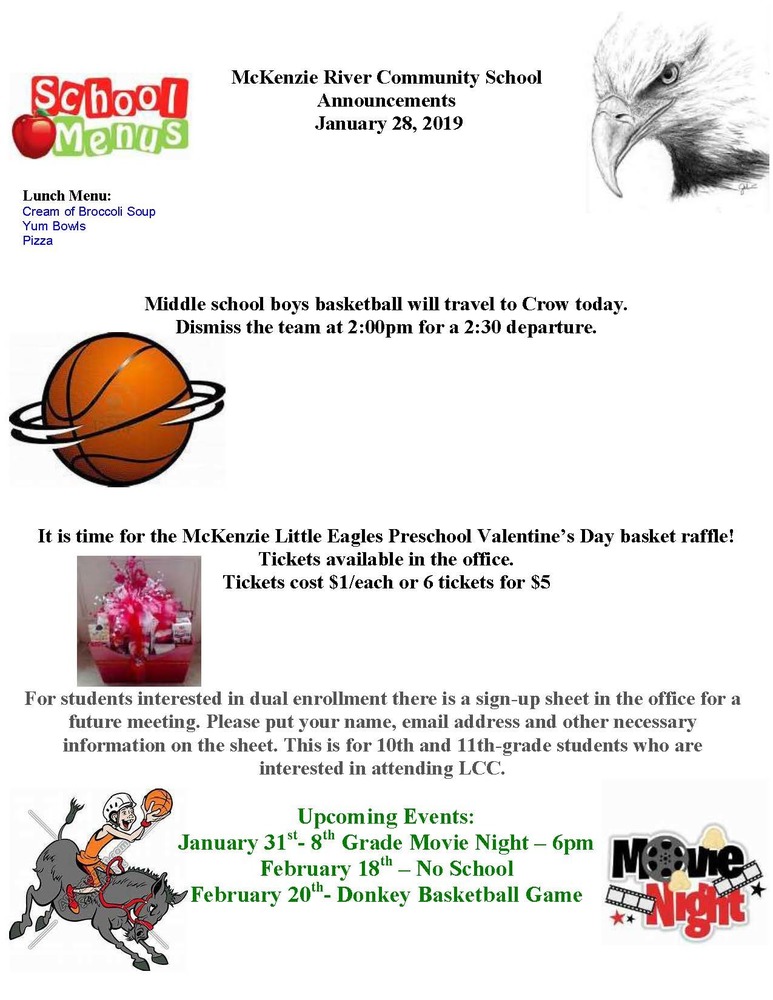 McKenzie River Community School Announcements January 28, 2019
