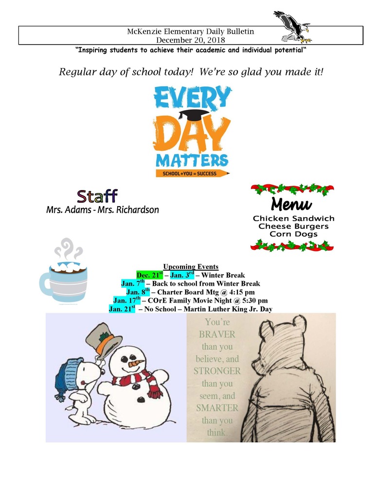 McKenzie Elementary Daily Bulletin December 20, 2018