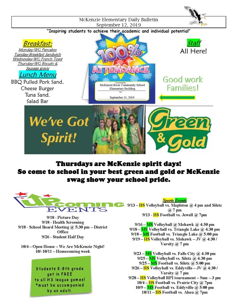 McKenzie Elementary Daily Bulletin September 12, 2019