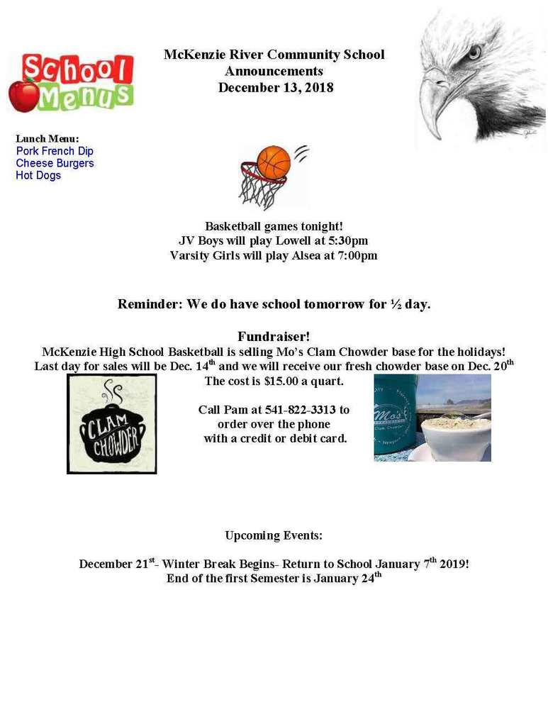 McKenzie River Community School Announcements December 13, 2018